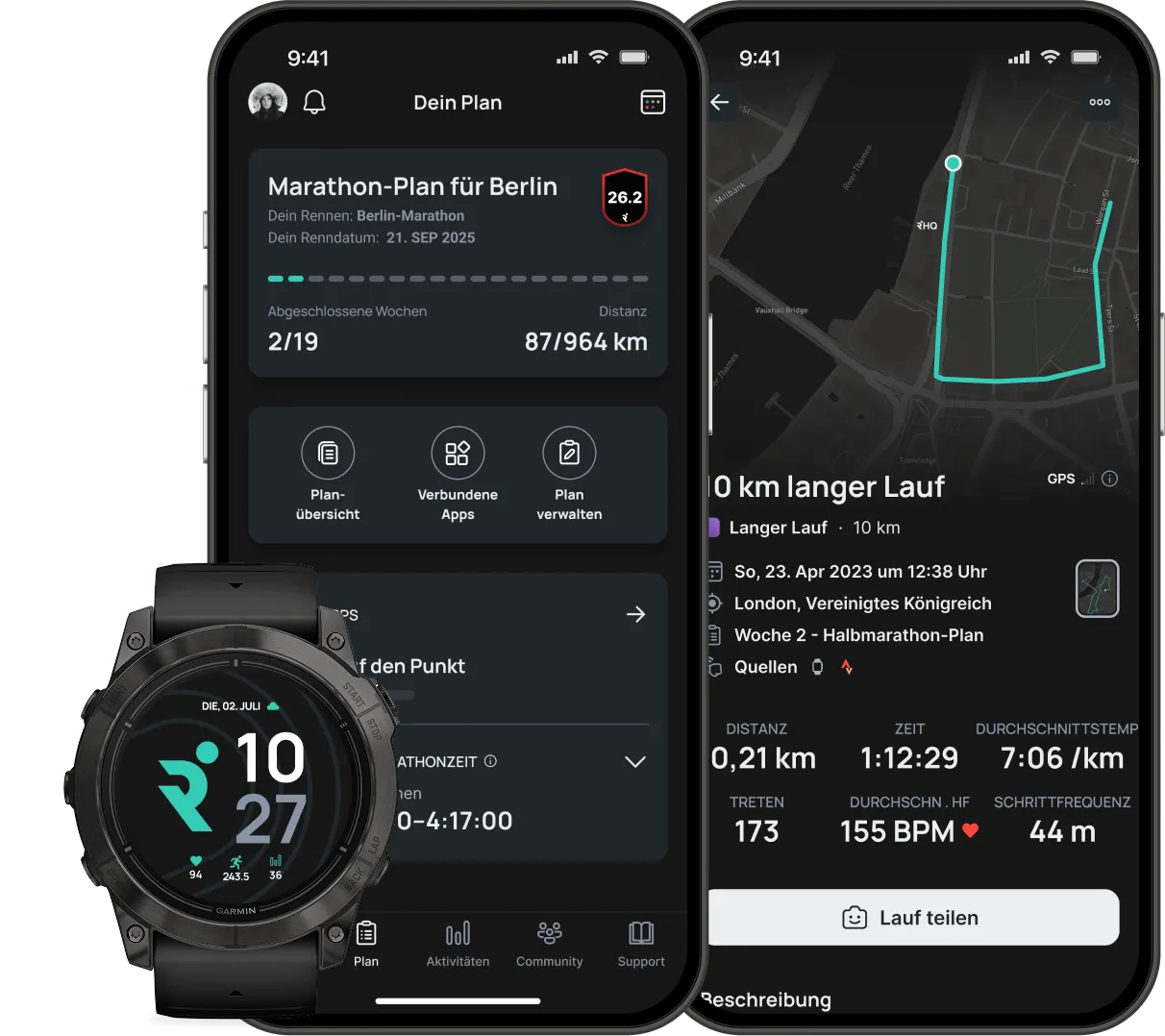 Graphic with two phones and a smartwatch featuring Runna app.