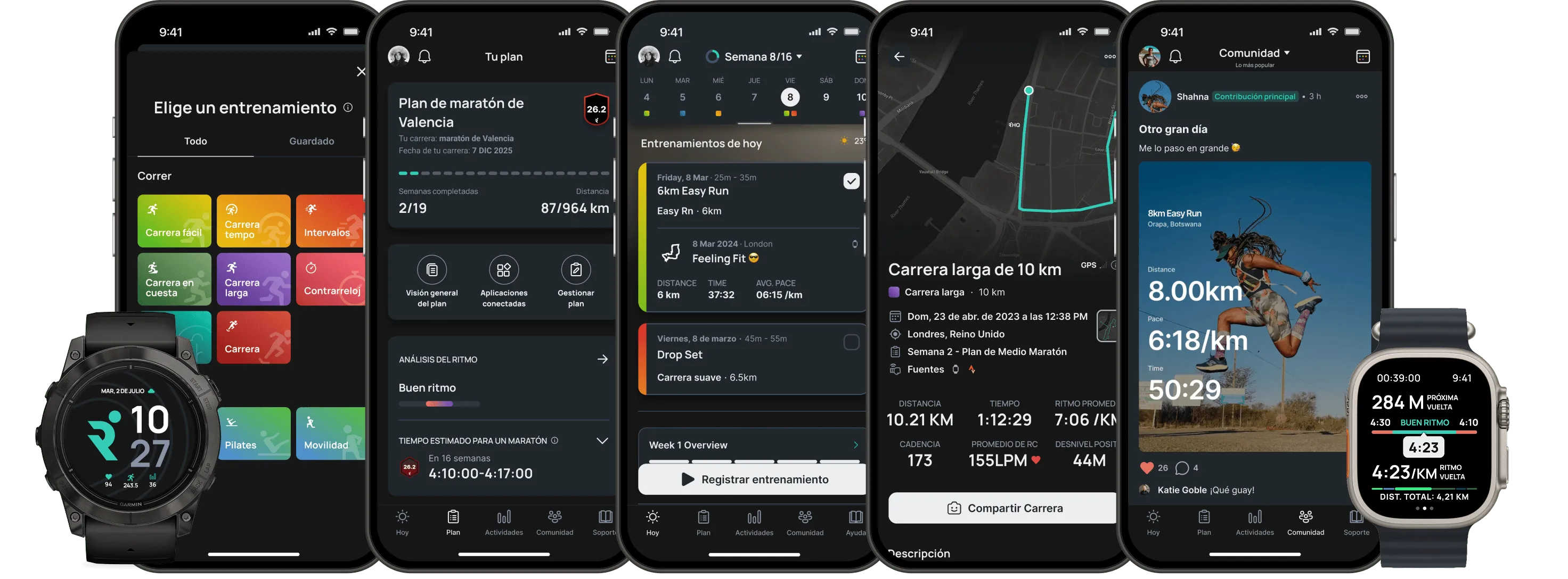 Multiple smartphone and smartwatch screens displaying a running app interface with features for marathon training, workout selection, route tracking, community posts, and run metrics.