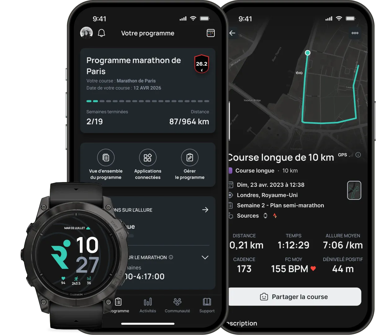 Graphic with two phones and a smartwatch featuring Runna app.