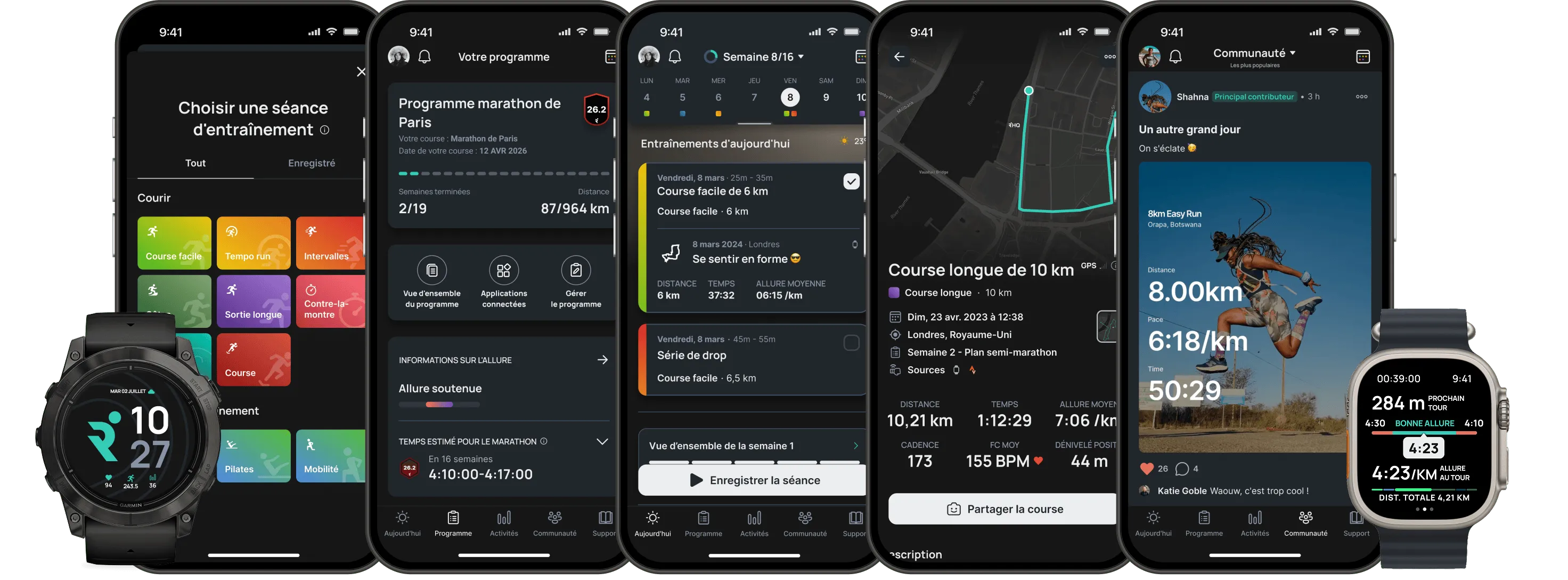 Multiple smartphone and smartwatch screens displaying a running app interface with features for marathon training, workout selection, route tracking, community posts, and run metrics.