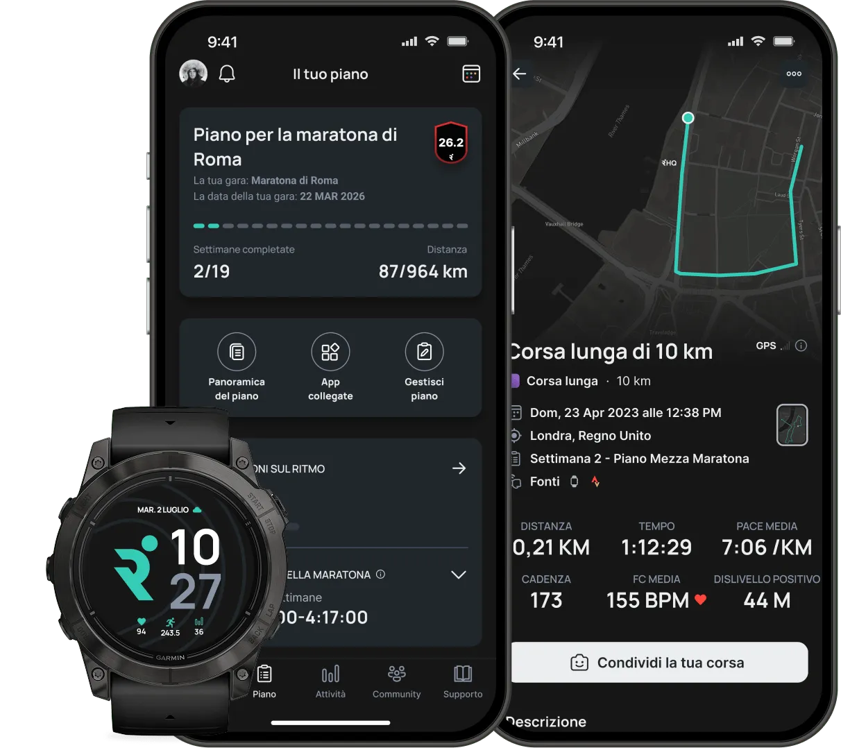 Graphic with two phones and a smartwatch featuring Runna app.
