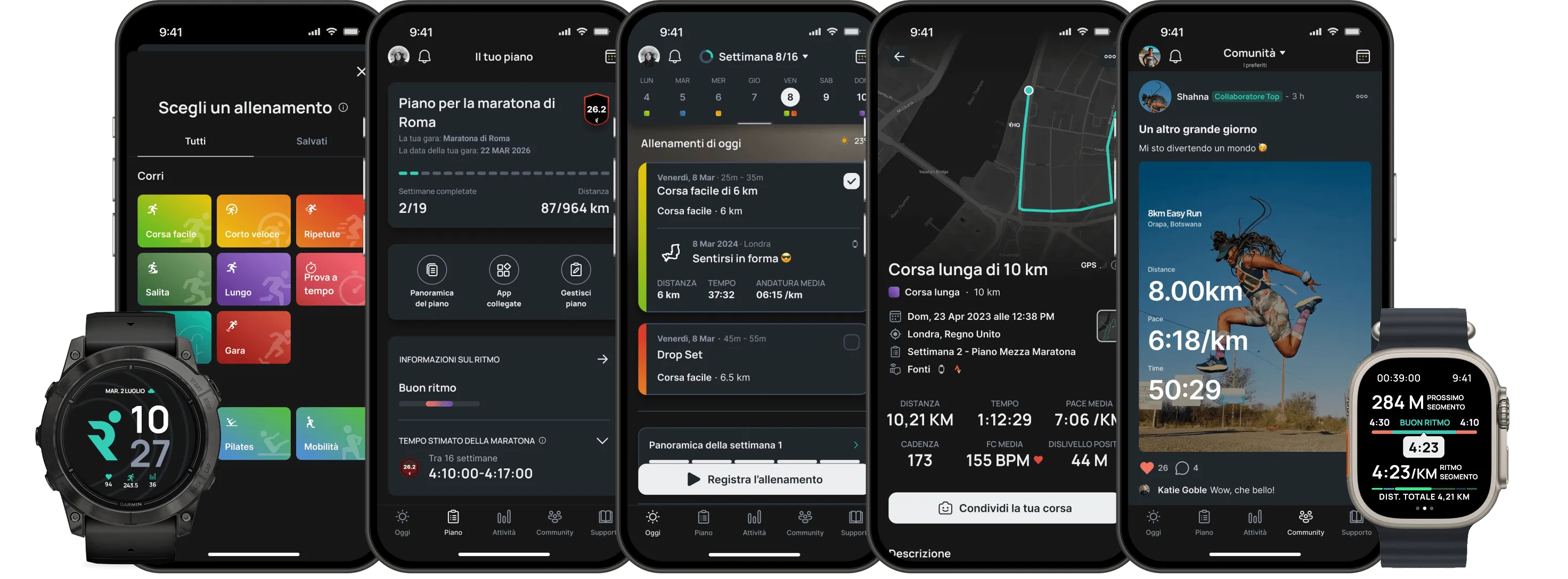 Multiple smartphone and smartwatch screens displaying a running app interface with features for marathon training, workout selection, route tracking, community posts, and run metrics.