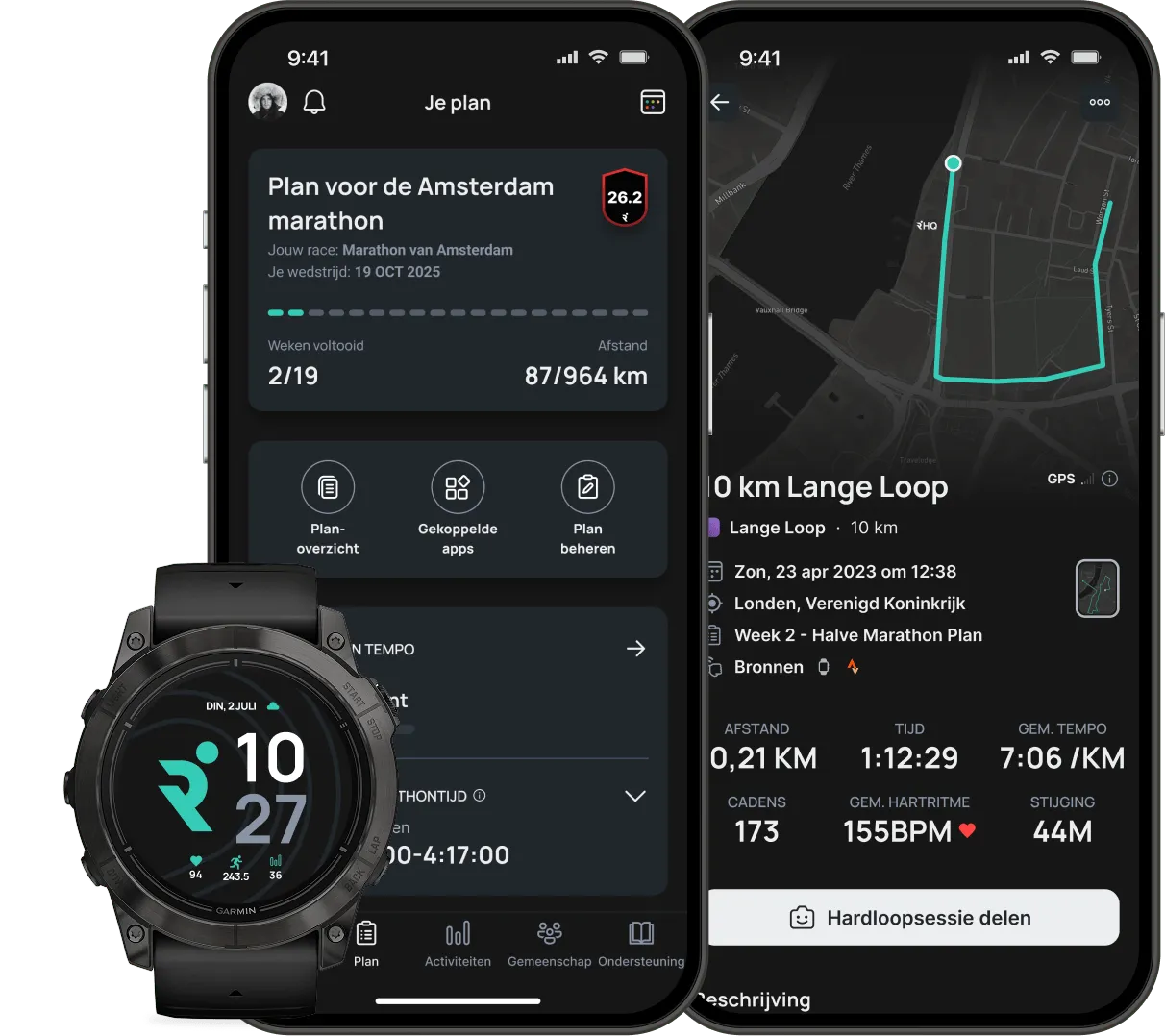 Graphic with two phones and a smartwatch featuring Runna app.