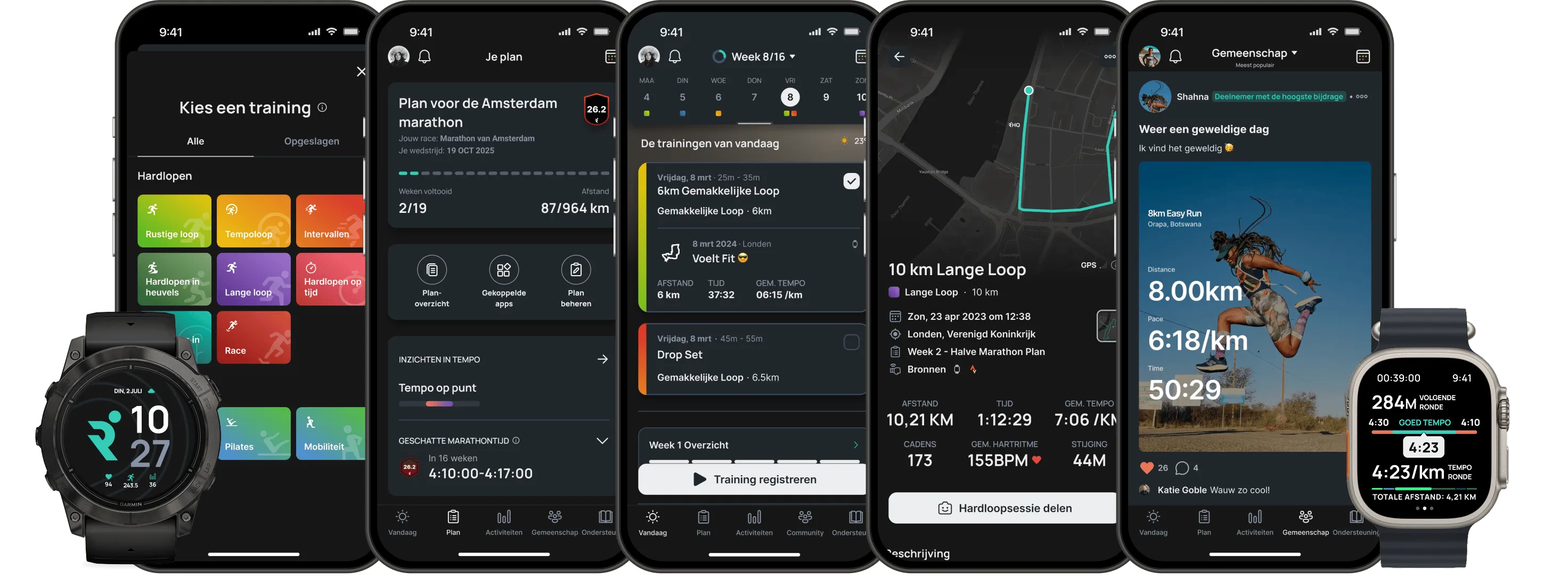 Multiple smartphone and smartwatch screens displaying a running app interface with features for marathon training, workout selection, route tracking, community posts, and run metrics.